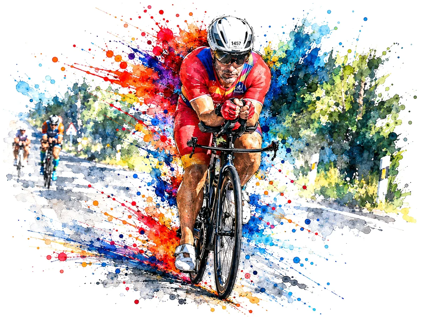 Watercolor of Eduardo head-on in an aero position on a triathlon bike on a tree-lined road