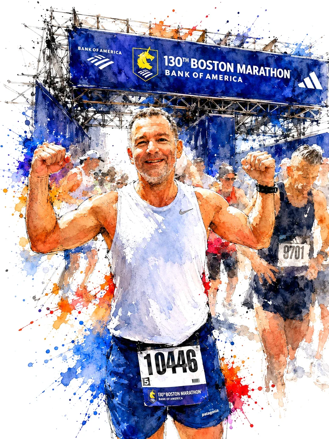 Watercolor of Eduardo raising both fists at a marathon finish line