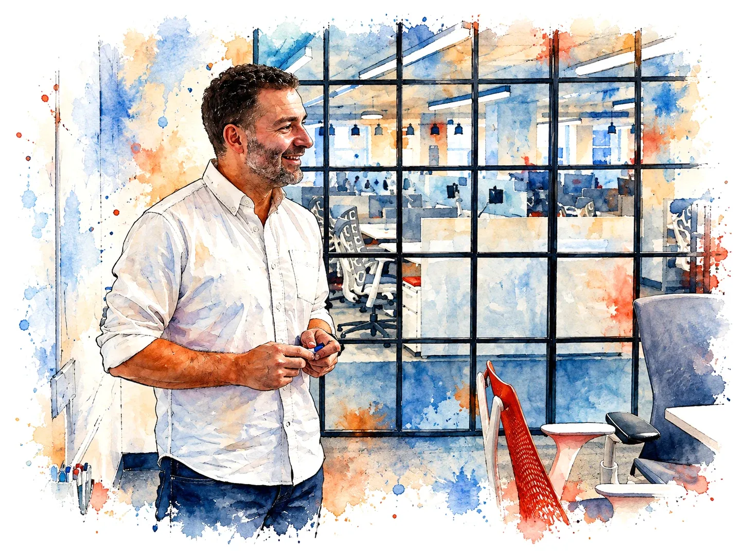 Watercolor of Eduardo smiling in conversation beside a glass-walled office, holding a marker