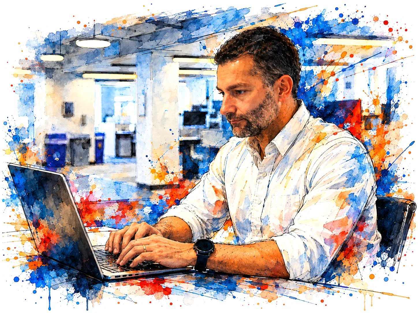 Watercolor of Eduardo in a white shirt working at a laptop in an open office