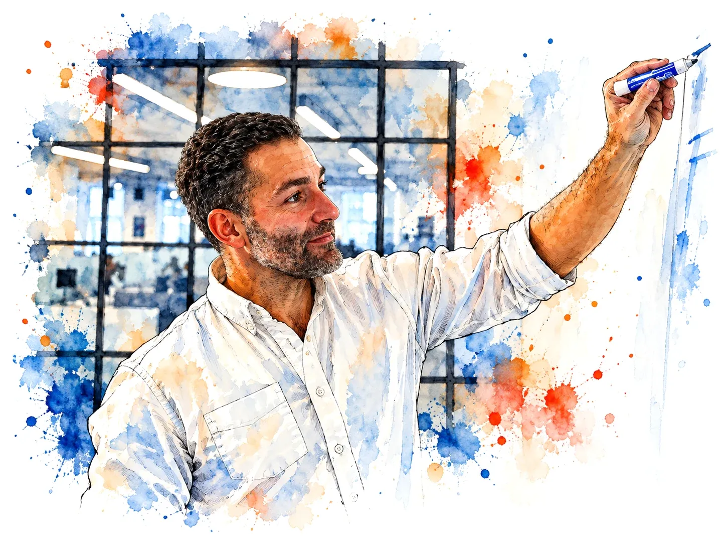 Watercolor of Eduardo writing on a whiteboard with a blue marker