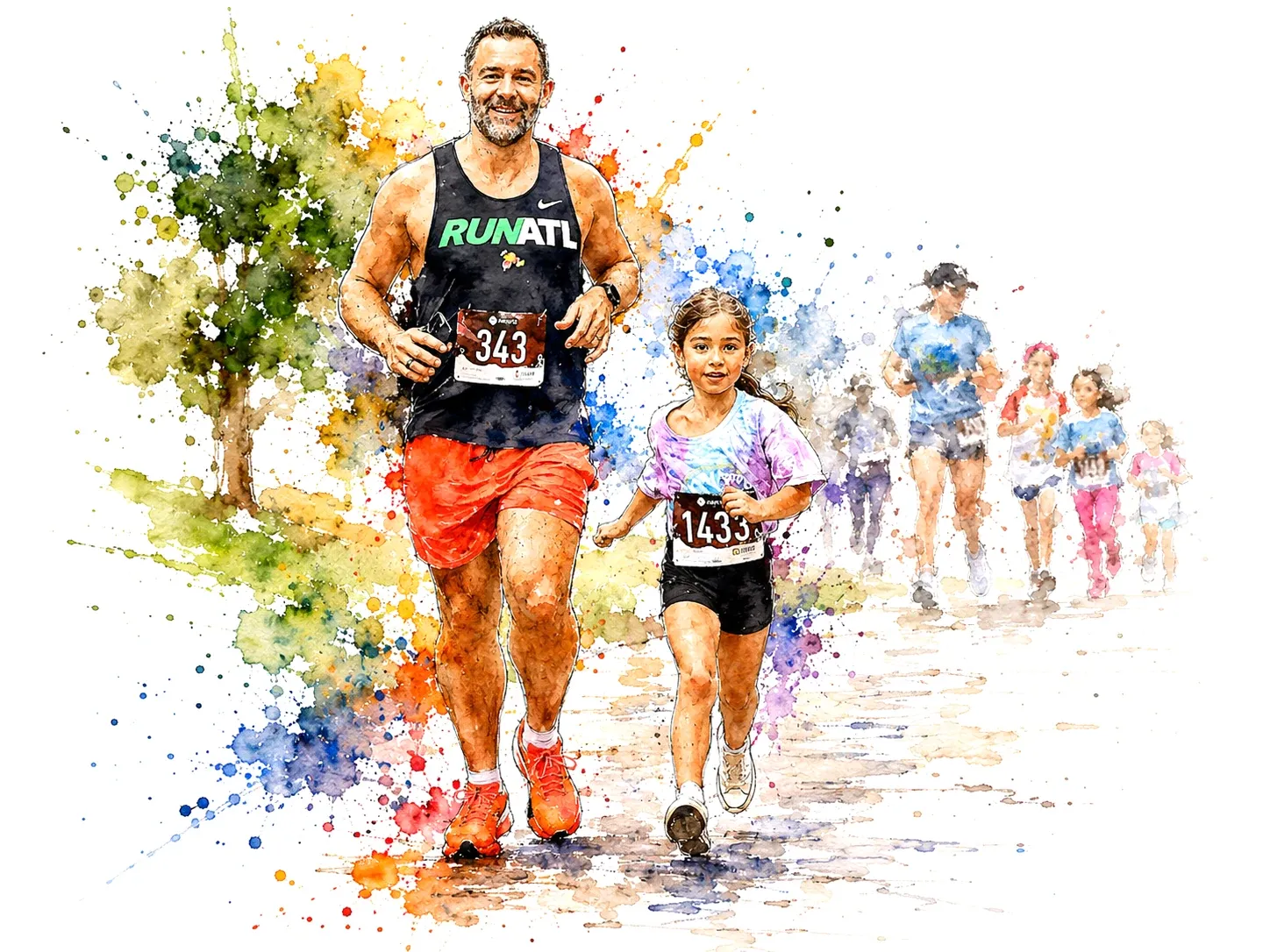 Watercolor of Eduardo running a road race beside a young girl, both wearing race bibs, with other runners behind them