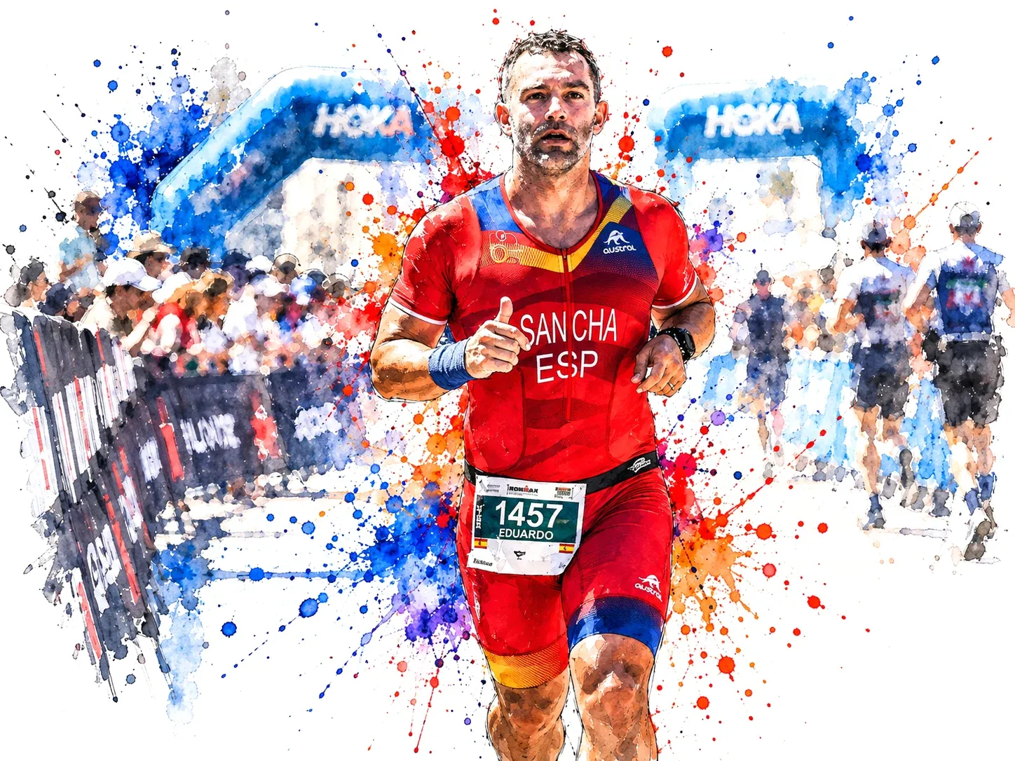 Watercolor of Eduardo running down a finish chute past a crowd behind barriers