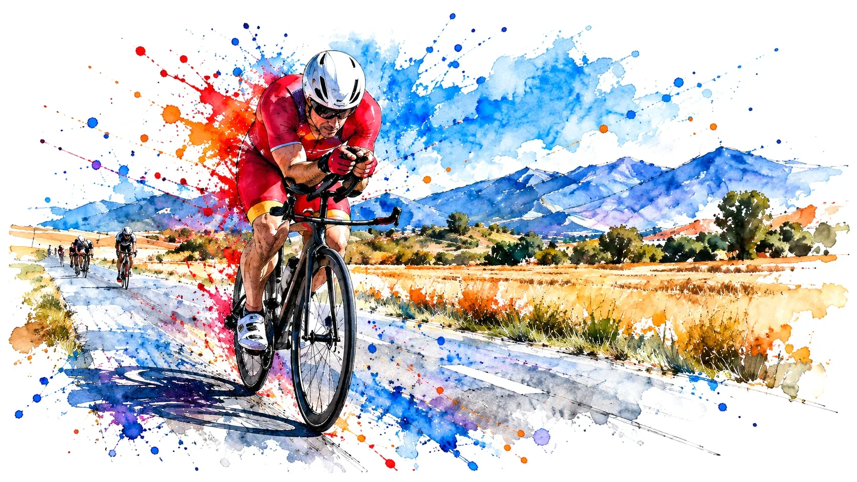 Wide watercolor of Eduardo riding a triathlon bike along an open road beside golden fields, with blue mountains behind