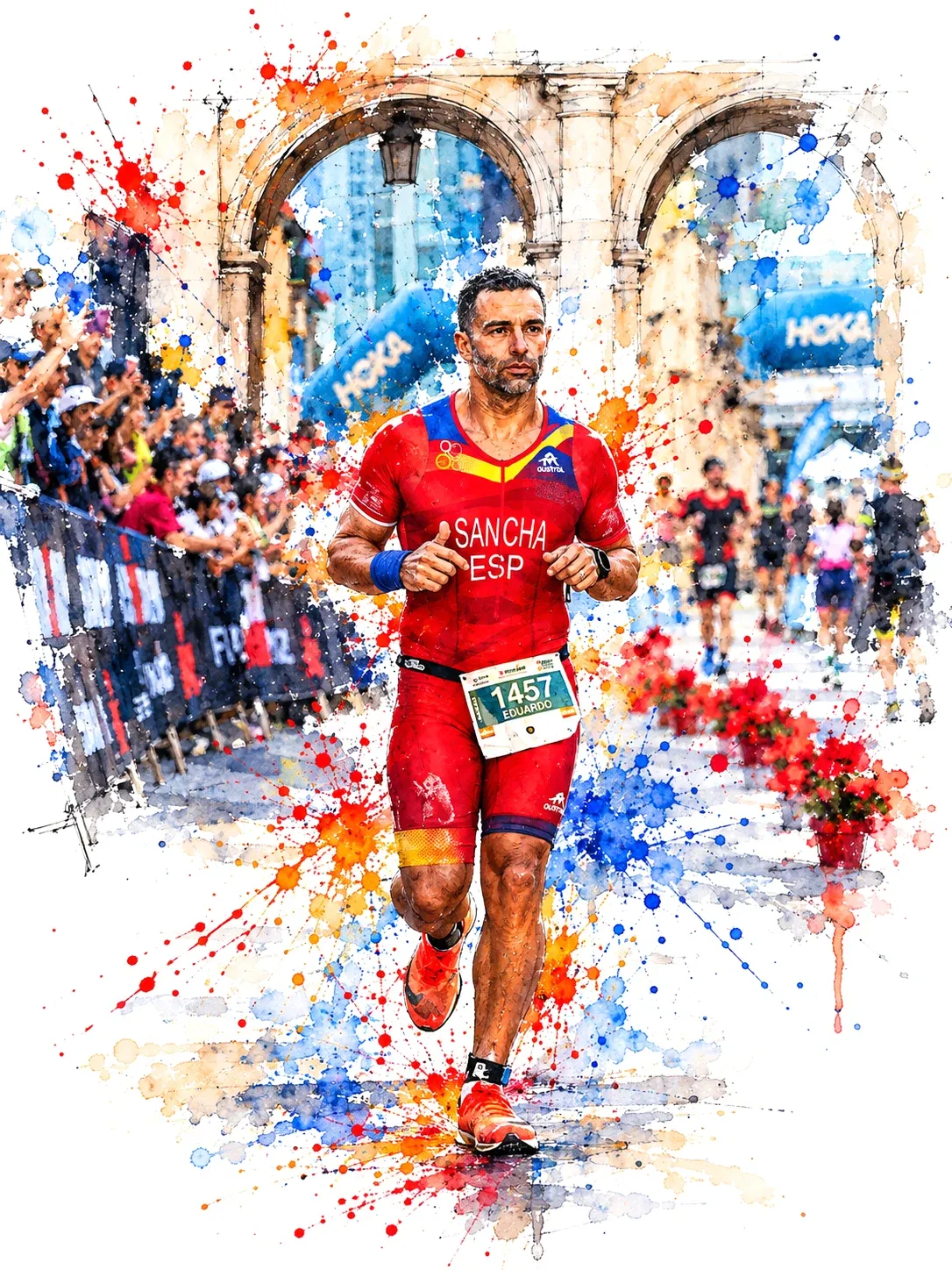 Watercolor of Eduardo running through a stone-arched plaza lined with spectators near a triathlon finish