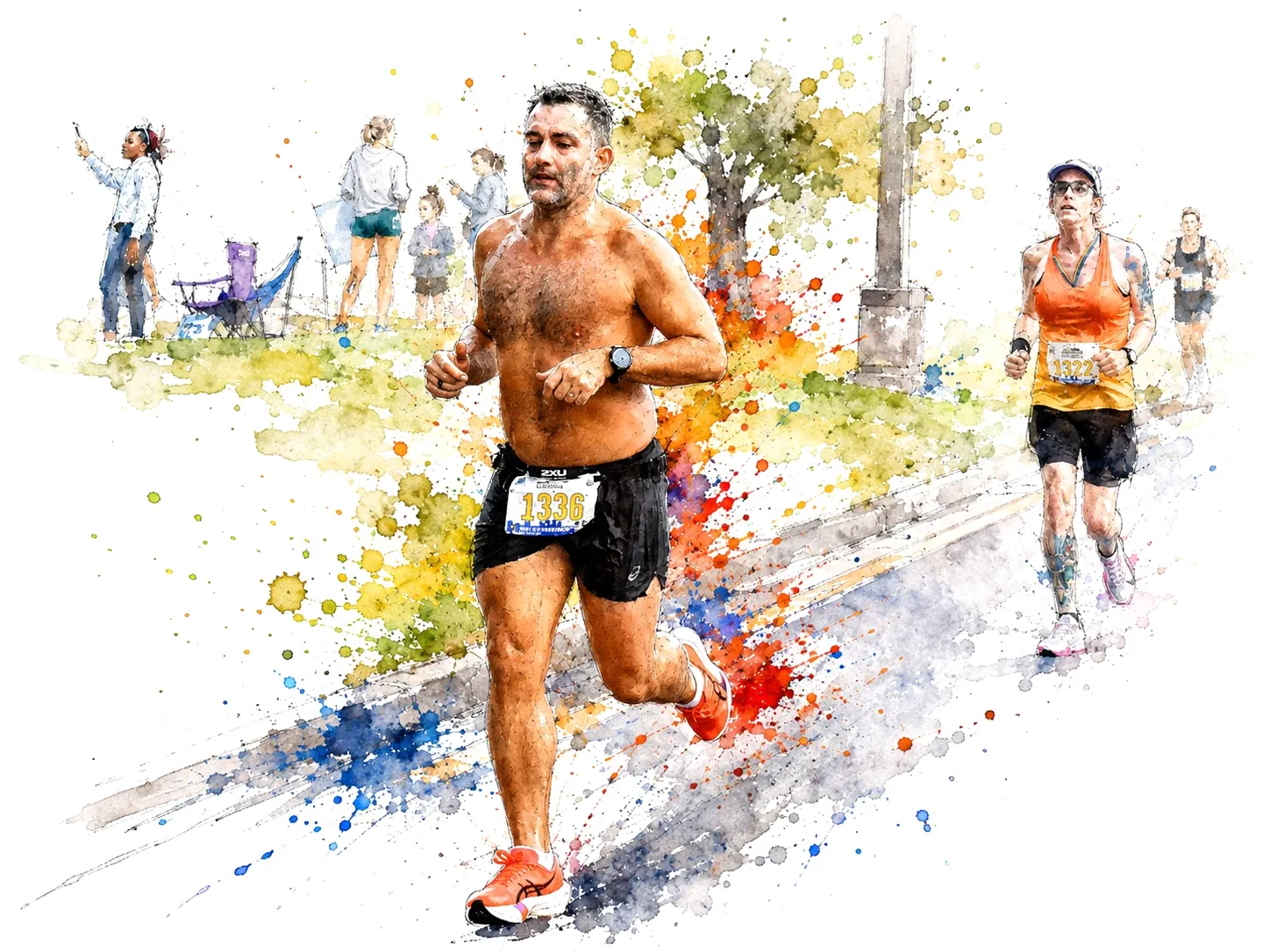 Watercolor of Eduardo mid-stride in a road race, with spectators and another runner in the background
