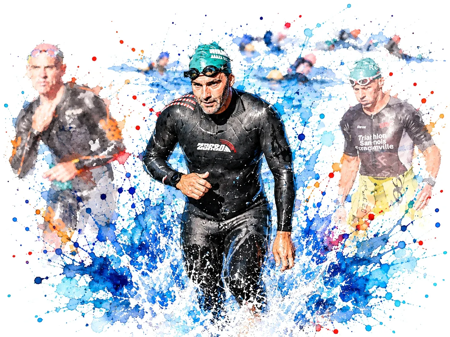 Watercolor of Eduardo in a wetsuit wading out of the water at a triathlon swim exit, with other swimmers around him