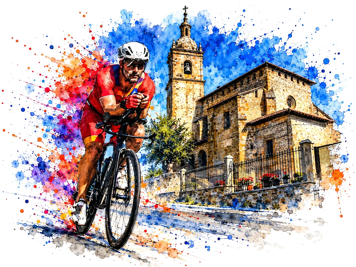 Watercolor of Eduardo cycling past a stone village church with a bell tower